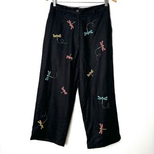 Kitschy Black Linen Embroidered Beaded Dragonfly High Waisted Capri Pants